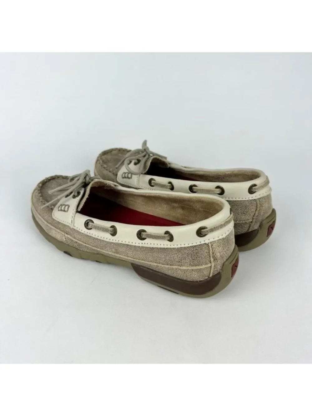 Twisted X Womens Leather Driving Moccasin Loafers Dusty Tan White Shoes size 5.5
